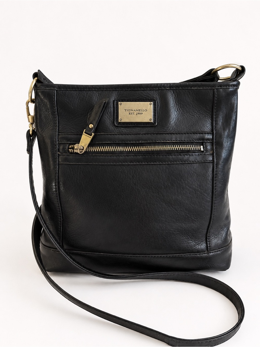 Tignanello Black Genuine Leather Crossbody Bag Vintage Y2K Minimalist Purse